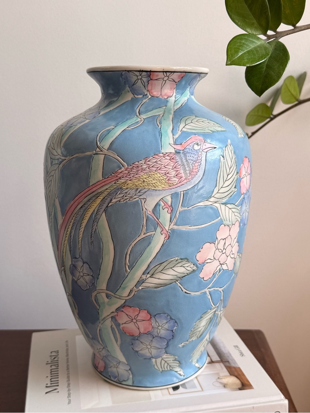 Hand-Painted Blue Ceramic Vase with Pink Floral & Bird Motif